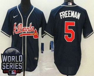 Men's Atlanta Braves #5 Freddie Freeman Navy 2021 World Series Cool Base Jersey