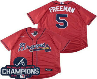 Men's Atlanta Braves #5 Freddie Freeman Red 2021 World Series Champions Authentic Jersey