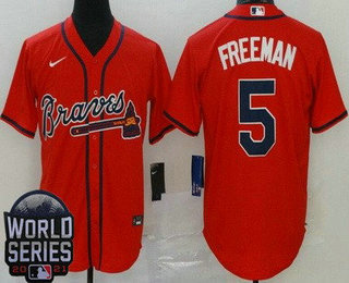 Men's Atlanta Braves #5 Freddie Freeman Red 2021 World Series Cool Base Jersey