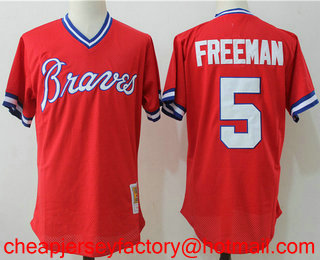 Men's Atlanta Braves #5 Freddie Freeman Red Throwback Mesh Batting Practice Stitched MLB Mitchell & Ness Jersey