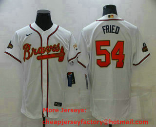 Men's Atlanta Braves #54 Max Fried 2022 White Gold World Series Champions Program Flex Base Stitched Baseball Jersey