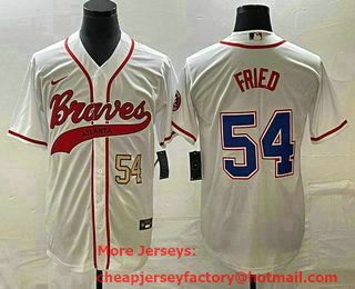 Men's Atlanta Braves #54 Max Fried Number White Cool Base With Patch Stitched Baseball Jersey 01