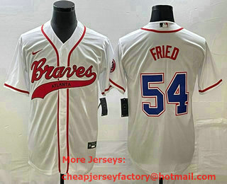 Men's Atlanta Braves #54 Max Fried White Cool Base With Patch Stitched Baseball Jersey 01