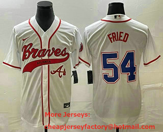 Men's Atlanta Braves #54 Max Fried White Cool Base With Patch Stitched Baseball Jersey 02