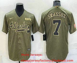 Men's Atlanta Braves #7 Dansby Swanson 2021 Olive Salute To Service Limited Stitched Jersey