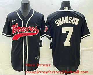 Men's Atlanta Braves #7 Dansby Swanson Black Cool Base Stitched Baseball Jersey 01