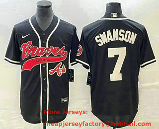 Men's Atlanta Braves #7 Dansby Swanson Black Cool Base Stitched Baseball Jersey 02