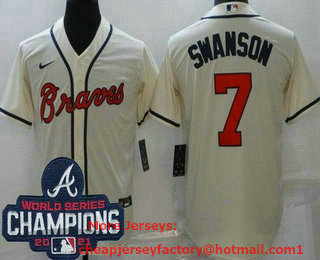 Men's Atlanta Braves #7 Dansby Swanson Cream 2021 World Series Champions Cool Base Jersey