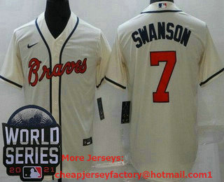 Men's Atlanta Braves #7 Dansby Swanson Cream 2021 World Series Cool Base Jersey