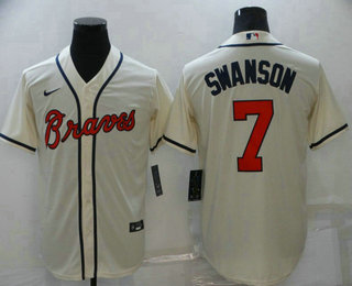 Men's Atlanta Braves #7 Dansby Swanson Cream Stitched MLB Cool Base Nike Jersey