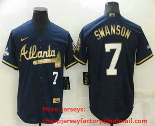 Men's Atlanta Braves #7 Dansby Swanson Navy Blue 2021 World Series Champions Golden Edition Stitched Cool Base Nike Jersey