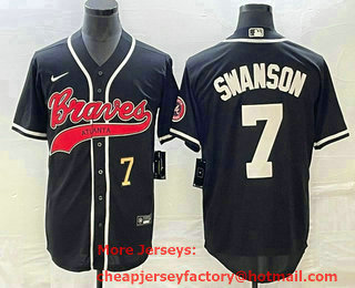 Men's Atlanta Braves #7 Dansby Swanson Number Black Cool Base Stitched Baseball Jersey 01