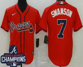 Men's Atlanta Braves #7 Dansby Swanson Red 2021 World Series Champions Cool Base Jersey