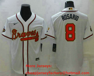 Men's Atlanta Braves #8 Eddie Rosario 2022 White Gold World Series Champions Program Cool Base Stitched Baseball Jersey