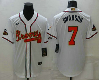 Men's Atlanta Braves #7 Dansby Swanson 2022 White Gold World Series Champions Program Cool Base Stitched Baseball Jersey