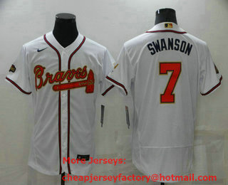 Men's Atlanta Braves #7 Dansby Swanson 2022 White Gold World Series Champions Program Flex Base Stitched Baseball Jersey