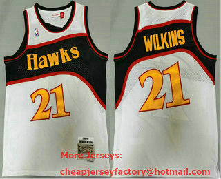 Men's Atlanta Hawks #21 Dominique Wilkins White Black 1986-87 Hardwood Classics Soul Swingman Throwback Jersey
