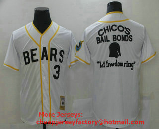 Men's Bad News BEARS Movie Chicos Bail Bonds Retro #3 Button Down White Stitched Baseball Jersey