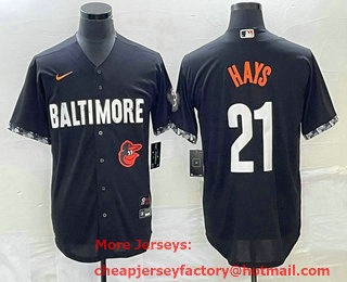 Men's Baltimore Orioles #21 Austin Hays Black 2023 City Connect Cool Base Stitched Jersey 02