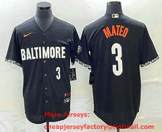 Men's Baltimore Orioles #3 Jorge Mateo Number Black 2023 City Connect Cool Base Stitched Jersey 01