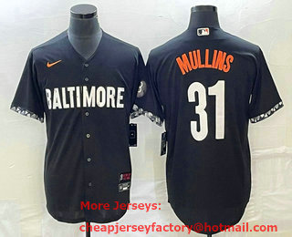 Men's Baltimore Orioles #31 Cedric Mullins Black 2023 City Connect Cool Base Stitched Jersey 01