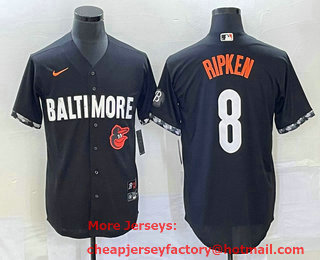 Men's Baltimore Orioles #8 Cal Ripken Jr  Black 2023 City Connect Cool Base Stitched Jersey 01