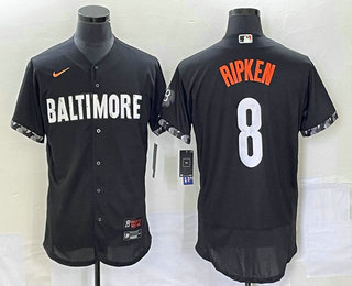 Men's Baltimore Orioles #8 Cal Ripken Jr Black 2023 City Connect Flex Base Stitched Jersey 01