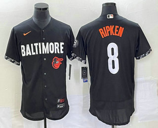 Men's Baltimore Orioles #8 Cal Ripken Jr Black 2023 City Connect Flex Base Stitched Jersey 02