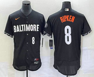 Men's Baltimore Orioles #8 Cal Ripken Jr Number Black 2023 City Connect Flex Base Stitched Jersey 01