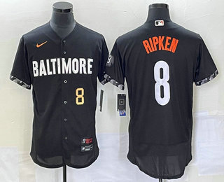 Men's Baltimore Orioles #8 Cal Ripken Jr Number Black 2023 City Connect Flex Base Stitched Jersey 02