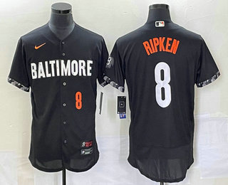 Men's Baltimore Orioles #8 Cal Ripken Jr Number Black 2023 City Connect Flex Base Stitched Jersey 03