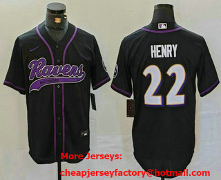 Men's Baltimore Ravens #22 Derrick Henry Black With Patch Cool Base Stitched Baseball Jersey