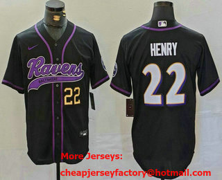 Men's Baltimore Ravens #22 Derrick Henry Number Black With Patch Cool Base Stitched Baseball Jersey
