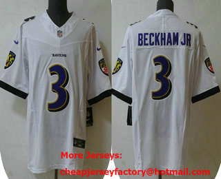Men's Baltimore Ravens #3 Odell Beckham Jr White 2023 FUSE Vapor Limited Stitched Jersey