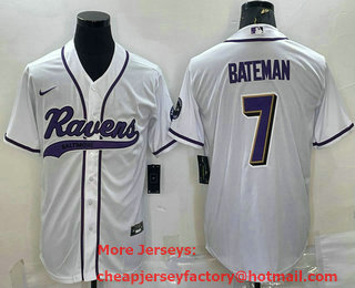 Men's Baltimore Ravens #7 Rashod Bateman White With Patch Cool Base Stitched Baseball Jersey