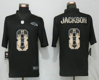 Men's Baltimore Ravens #8 Lamar Jackson 2019 Black Statue Of Liberty Stitched NFL Nike Limited Jersey
