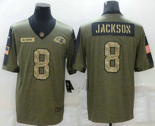 Men's Baltimore Ravens #8 Lamar Jackson 2021 Olive Camo Salute To Service Limited Stitched Jersey