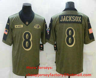 Men's Baltimore Ravens #8 Lamar Jackson 2021 Olive Salute To Service Limited Stitched Jersey