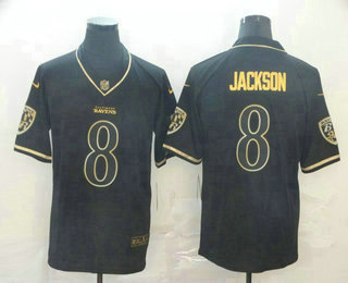 Men's Baltimore Ravens #8 Lamar Jackson Black 100th Season Golden Edition Jersey