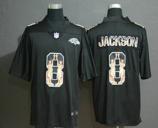Men's Baltimore Ravens #8 Lamar Jackson Black Statue Of Liberty Stitched NFL Nike Limited Jersey