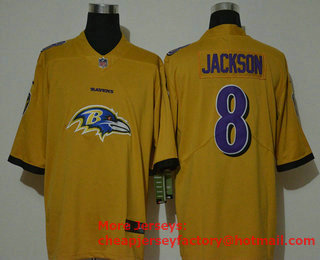 Men's Baltimore Ravens #8 Lamar Jackson Gold 2020 Big Logo Vapor Untouchable Stitched NFL Nike Fashion Limited Jersey