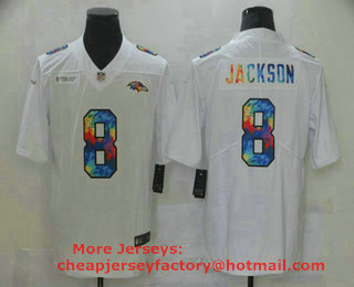 Men's Baltimore Ravens #8 Lamar Jackson Multi-Color White 2020 NFL Crucial Catch Vapor Untouchable Nike Limited Jersey
