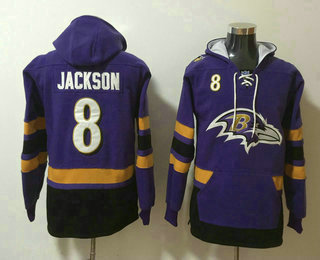 Men's Baltimore Ravens #8 Lamar Jackson NEW Purple Pocket Stitched NFL Pullover Hoodie
