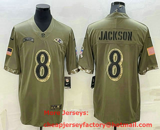 Men's Baltimore Ravens #8 Lamar Jackson Olive 2022 Salute To Service Limited Stitched Jersey