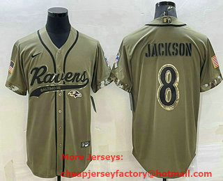 Men's Baltimore Ravens #8 Lamar Jackson Olive 2022 Salute to Service Cool Base Stitched Baseball Jersey