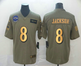 Men's Baltimore Ravens #8 Lamar Jackson Olive Gold 2019 Salute To Service Stitched NFL Nike Limited Jersey