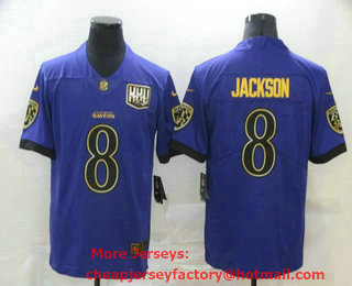 Men's Baltimore Ravens #8 Lamar Jackson Purple 25th Season Golden Limited Jersey