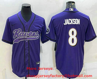 Men's Baltimore Ravens #8 Lamar Jackson Purple With Patch Cool Base Stitched Baseball Jersey