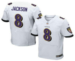 Men's Baltimore Ravens #8 Lamar Jackson White Road Stitched NFL Nike Elite Jersey