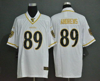 Men's Baltimore Ravens #89 Mark Andrews White 100th Season Golden Edition Jersey